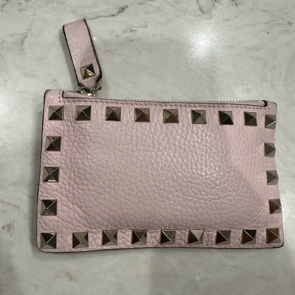 Valentino Garavani Pink Studded Leather Card Holder Wallet
